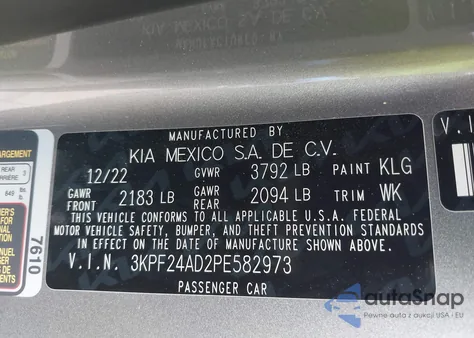 2023 Kia Forte Lxs from USA, damaged, VIN 3KPF24AD2PE582973
